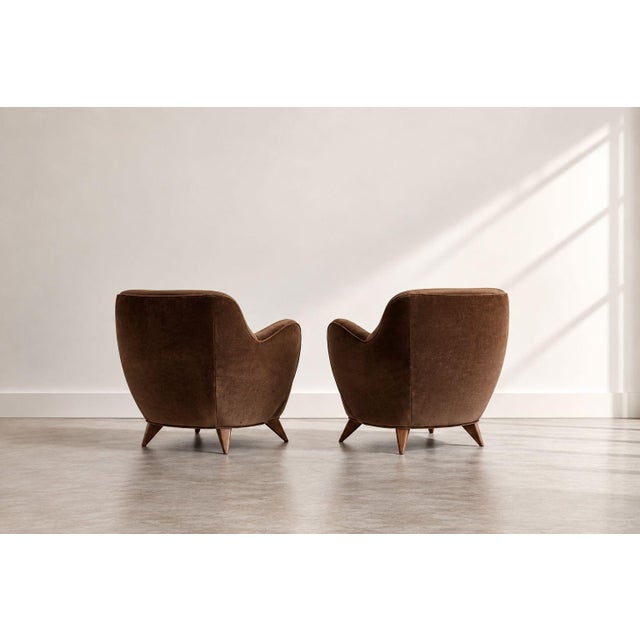 Vladimir Kagan Barrel Lounge Chairs in Brown Velvet and Walnut Legs For Sale - Image 4 of 12