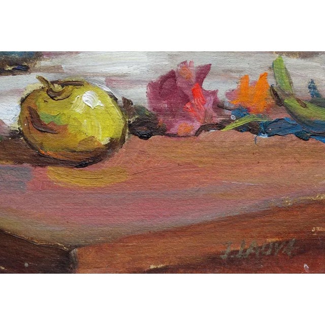 Janis Lauva, Still Life with Flowers and Apples, 1964, Oil on Cardboard For Sale - Image 4 of 5