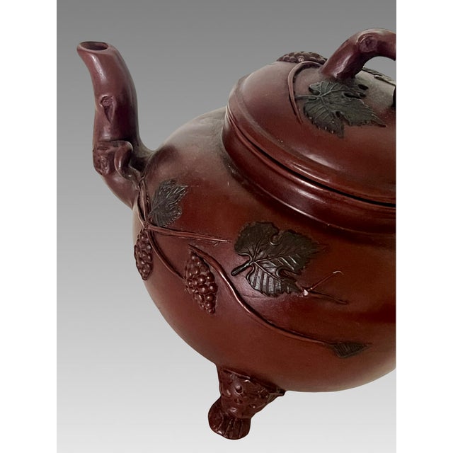 Brown Mid 20th Century Chinese Grape and Vine Yixing Zisha Unglazed Teapot With Lion Face Legs, Artist Signed and Chopped For Sale - Image 8 of 13