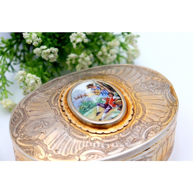 Silver Jewelry Box with Reliefs and Idyllic Scene on Enamel with Velvet Interior For Sale - Image 3 of 5