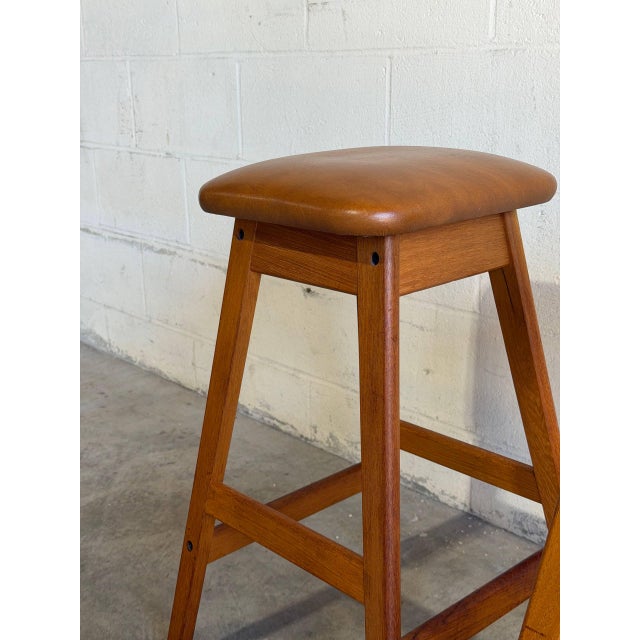 Vamdrup Stolefabrik Teak and Leather Bar Stools Set of 2 Danish Mid-Century Modern 1970s For Sale - Image 9 of 10