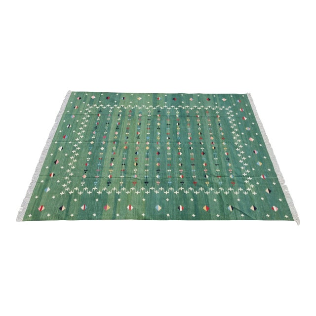Handmade Cotton Vegetable Dyed Green Shooting Star Rug - 9'x12' For Sale