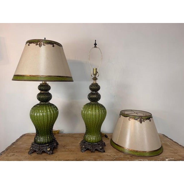Vintage Murano Glass Table Lamps - Barovier & Toso Style Olive Green - a Pair For Sale - Image 14 of 17