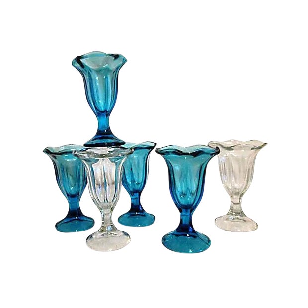 Midcentury Blue & Clear Parfait Glasses - S/6 For Sale