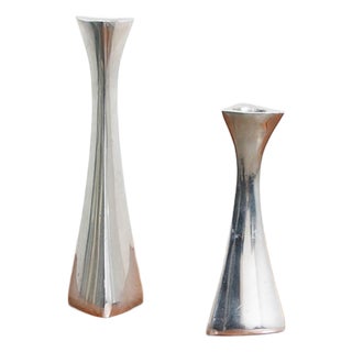 Mid Century Modern Nambe Candle Holders Set Two Made From Nambé Alloy Vintage MCM For Sale