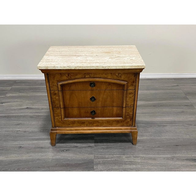 Mid Century Walnut Burlwood Nightstands With Travertine Top Chairish