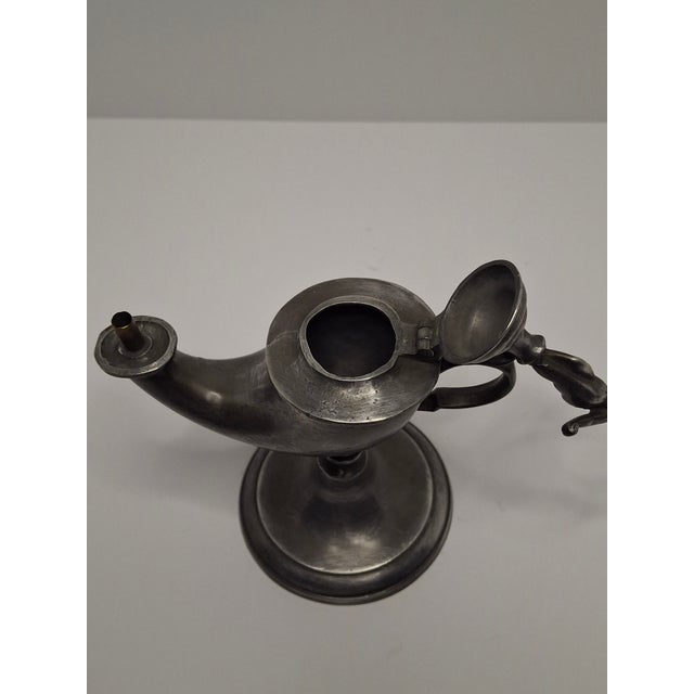 Lot of 2 - 19th C Pewter Whale Oil Fat Lamps W/ Figurine, Wick Pick, European For Sale - Image 16 of 18