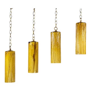 Set of 4 Mid-Century Murano Tubular Pendant Lights in Amber Cased Over White Glass Inspired by Carlo Nason For Sale