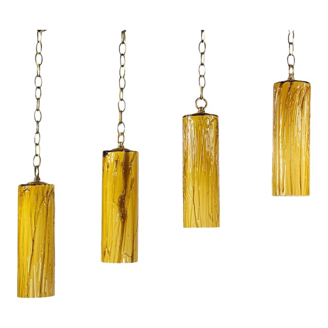 Set of 4 Mid-Century Murano Tubular Pendant Lights in Amber Cased Over White Glass Inspired by Carlo Nason For Sale
