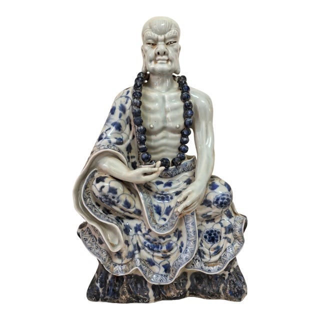Chinese Vintage Ceramic Buddhist Sculpture,Hand Carved Blue and White Porcelain the Eighteen Arhats Statue For Sale