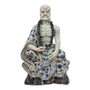 Chinese Vintage Ceramic Buddhist Sculpture,Hand Carved Blue and White Porcelain the Eighteen Arhats Statue