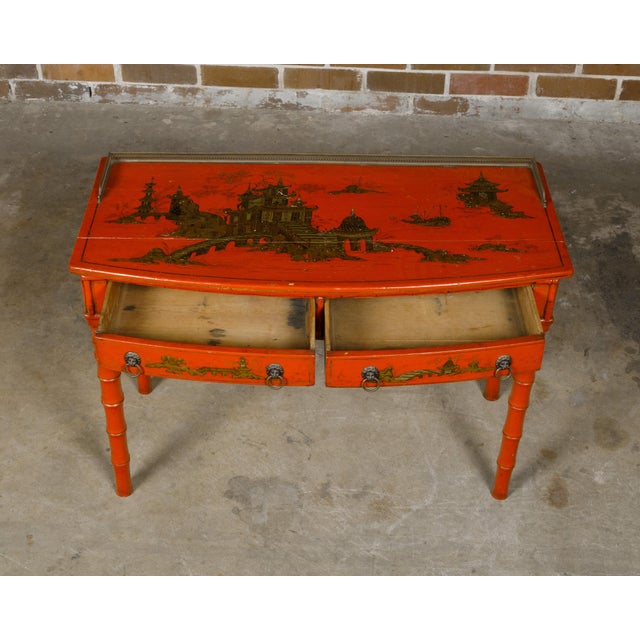English Red Lacquer Faux Bamboo 19th Century Desk with Gilded Chinoiserie Décor For Sale - Image 10 of 12