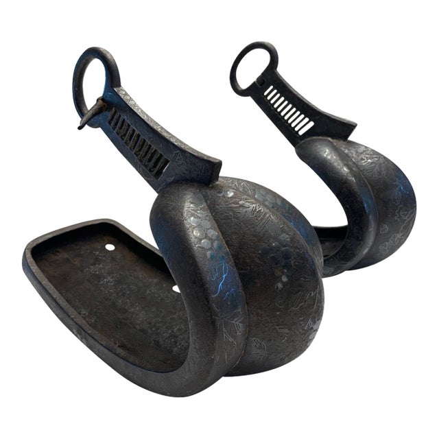 Antique Japanese Iron Stirrups with Silver Inlay Signed For Sale
