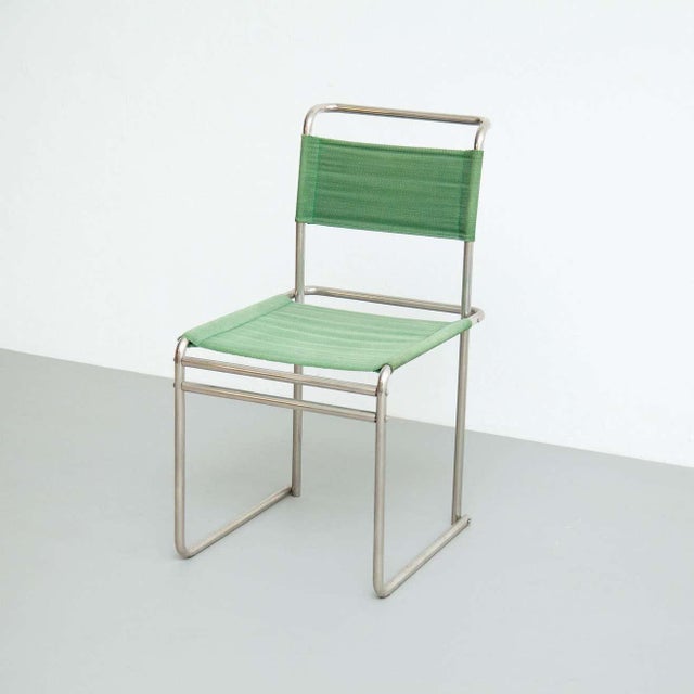 Mid-Century Modern Tubular Steel Chair with Green Fabric For Sale - Image 3 of 18