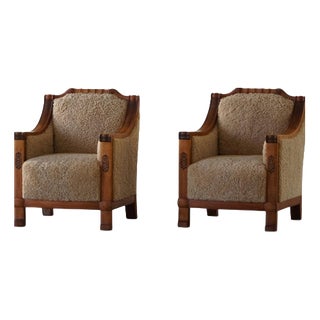 Art Deco Danish Armchairs in Oak and Shearling Lambswool, 1930s, Set of 2 For Sale