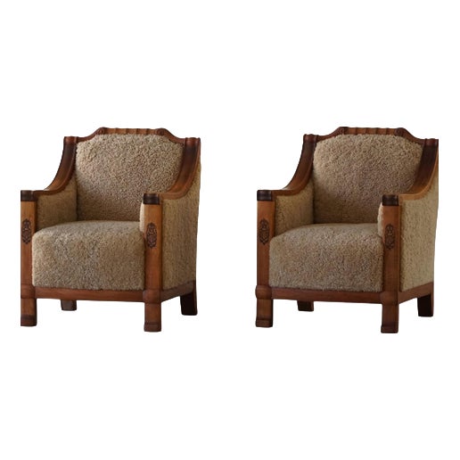 Art Deco Danish Armchairs in Oak and Shearling Lambswool, 1930s, Set of 2 For Sale