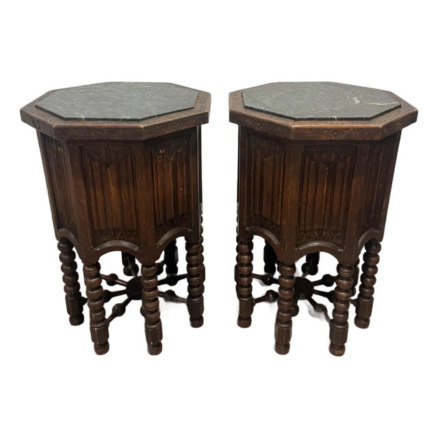 Pair of Vintage Carved Wood Octagonal Marble Top Tables For Sale
