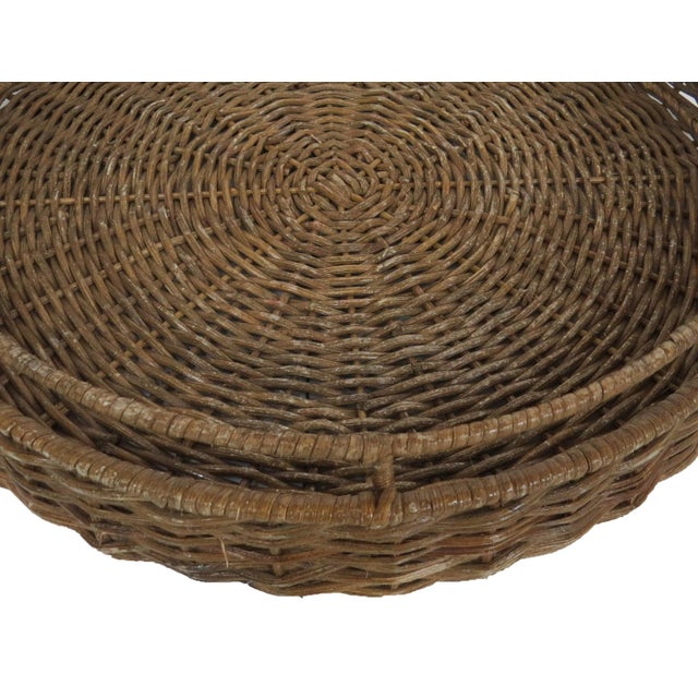 Wood Vintage Wicker Woven Rattan Round Serving Tray With Rattan Wrapped Rail For Sale - Image 7 of 9