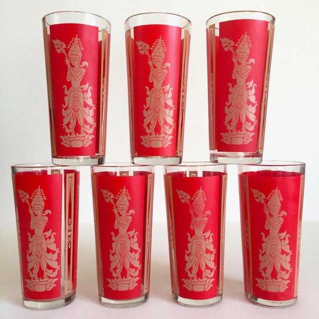 Various Artists Vintage Mid Century Modern Thai Goddess Lakshmi Tall Red Tumbler Glasses - Set of 7 For Sale - Image 4 of 13