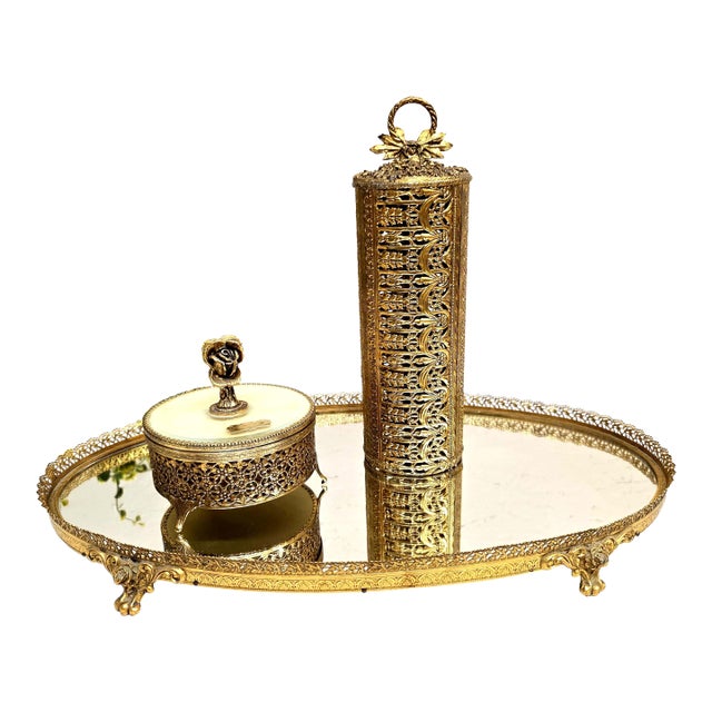 1960's Stylebuilt Vanity Mirror Tray Set Victorian Gothic Gilded Gold Accents For Sale