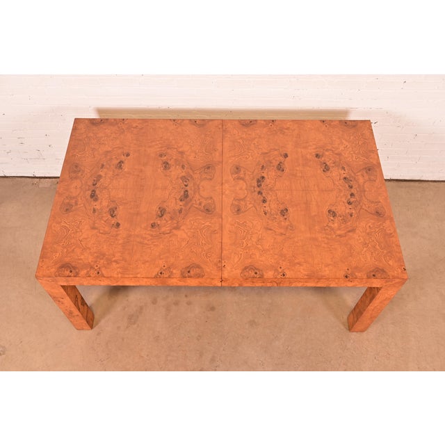 Milo Baughman for Thayer Coggin Mid-Century Modern Burl Wood Parsons Extension Dining Table, Newly Refinished For Sale - Image 9 of 15