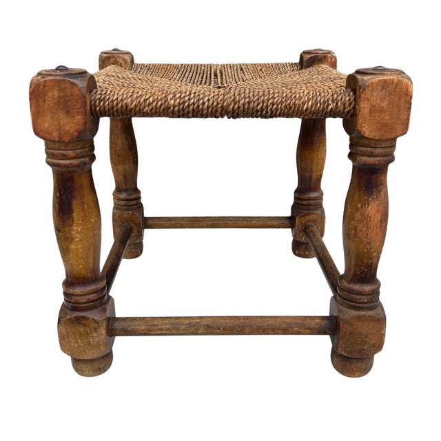 English 1940s English Country Oak and Rush Footstool For Sale - Image 3 of 7