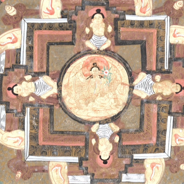 Brown 19th Century Tibetan Thangka Featuring Buddhas in Various Mudras Painted on Silk ~ Board Mounted Matted and Unframed For Sale - Image 8 of 10