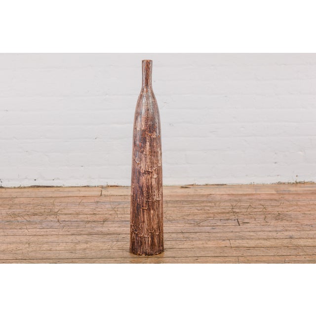 Tall and Slender Textured Brown Minimalist Ceramic Vase For Sale In New York - Image 6 of 12