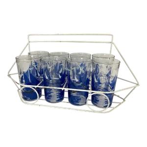 Vintage Tumblers With Sailboats in Boat-Shaped Caddy - Set of 8