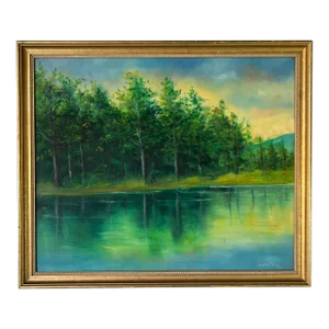 Vintage Hector Arias Impressionist Forest Lake Landscape Painting, Framed