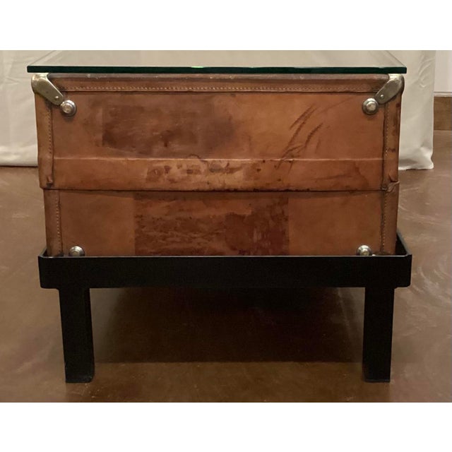 Early 20th C Leather Trunk Repurposed as a Coffee W Glass Top For Sale - Image 4 of 11