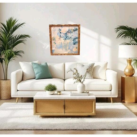 Blue 1950s Watercolor Painting Abstract Lt Blue Floral Wood Bamboo Frame Hollywood Regency For Sale - Image 8 of 14