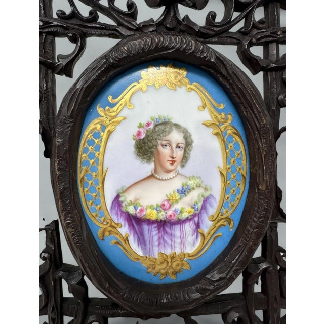 Ceramic Antique French Sevres Celest Porcelain Framed Plaque Hand Painted Tea Coffee Cup For Sale - Image 7 of 11