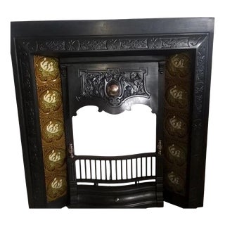 Antique Cast Iron Fireplace Insert with Decorative Tiles For Sale