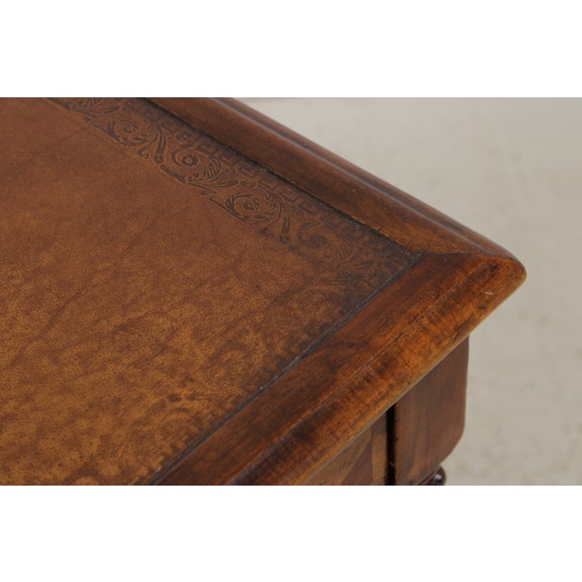 Brown Theodore Alexander Attributed Marquetry Inlaid Leather Top Writing Desk For Sale - Image 8 of 17