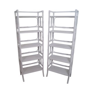 Hollywood Regency White Rattan Bookcases - A Pair For Sale