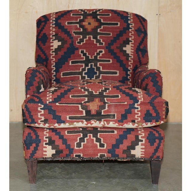Stunning vintage George Smith Brown Leather & Aztec Kilim upholstered Howard model armchair with feather filled seat...