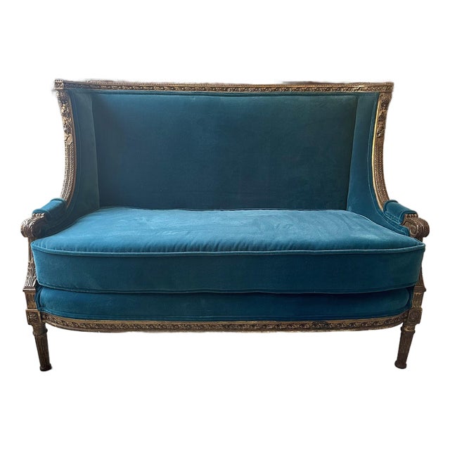 Louis XVI Velvet Settee & Matching Chair Carved Giltwood Bergere Set For Sale