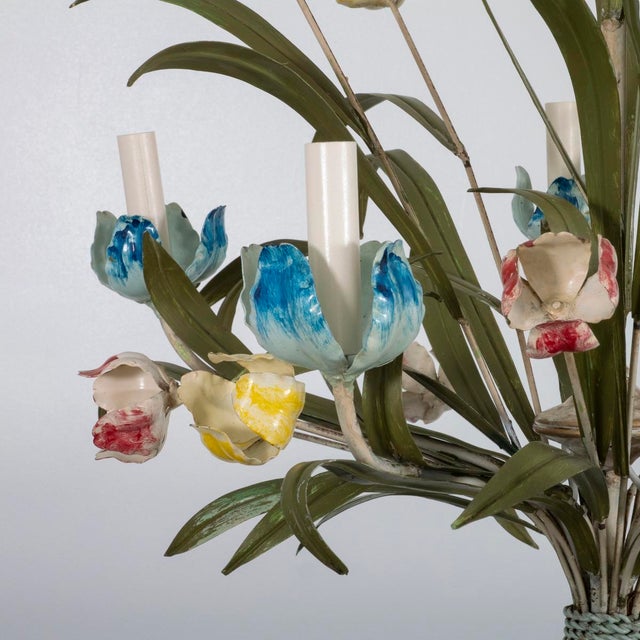Metal Painted tole floral motif chandelier For Sale - Image 7 of 11