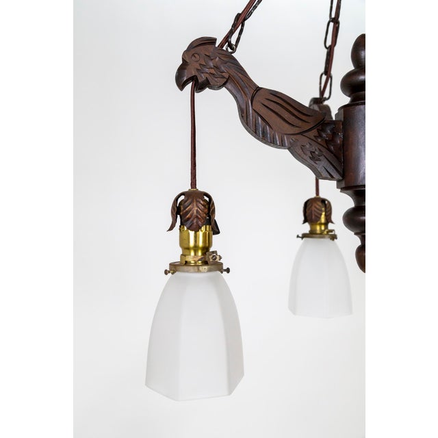 Chestnut Early 20th Century Carved Wood Parrots Chandelier With Hanging Glass Shaded Lights For Sale - Image 8 of 13