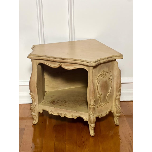 Pair of custom crafted Louis XV style carved cream painted small corner tables with open cabinetry. One-of-a-kind, unique...