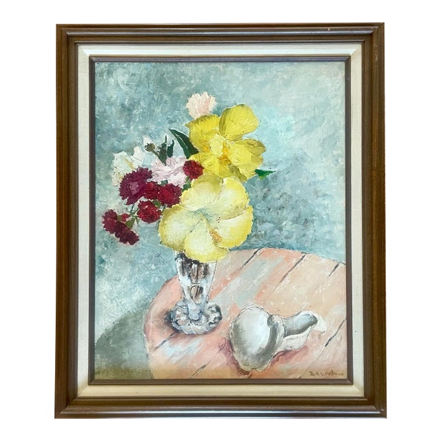"Yellow Hibiscus" Still Life Framed Oil Painting by Ruth Erb Hoffman, c.1956 For Sale