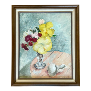 "Yellow Hibiscus" Still Life Framed Oil Painting by Ruth Erb Hoffman, c.1956