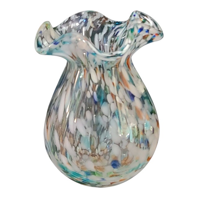 Vintage Attributed Murano Art Glass Ruffled Top Confetti Multi Color Vase For Sale