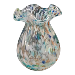 Vintage Attributed Murano Art Glass Ruffled Top Confetti Multi Color Vase