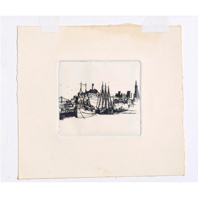 Delicate print of Fishing and sailboats on the Wharf In San Francisco from the collection of Patricia Pearce by one of her...
