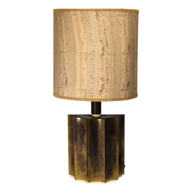 Vintage Brass Table Lamp with Fabric Shade, Italy, 1970s For Sale