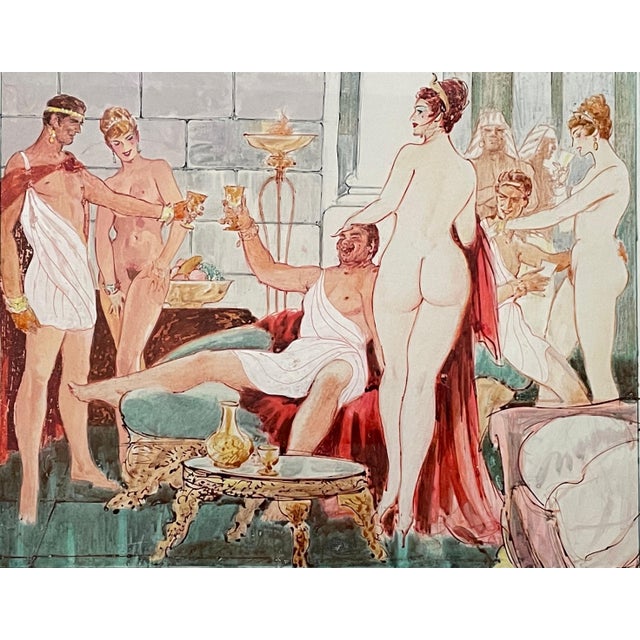 This striking watercolor, signed W. Hall, depicts a lively classical bacchanalian scene rendered in a style that blends...