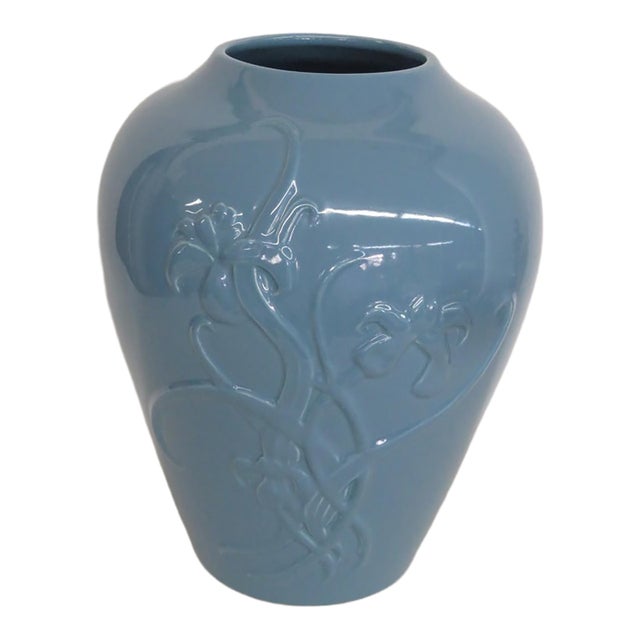Jaru of California 1980 Blue Ceramic Floral Tabletop Vase Model 476 Large 5149b For Sale