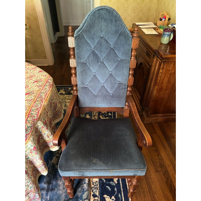 Traditional Late 19th Century Edwardian Walnut Upholstered Blue Button-Back Dining Chairs, Set of 6 For Sale - Image 3 of 9